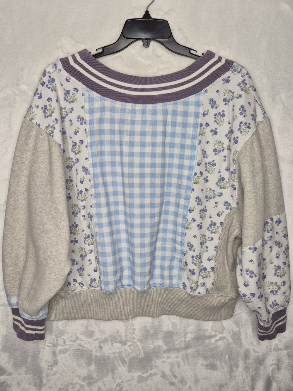 Free People Lucy Patchwork Gingham Floral Varsity V-Neck Sweatshirt Medium - Picture 9 of 15